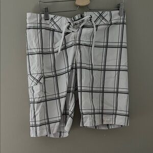 Old Navy Plaid Board Shorts White Black Swim Trunks Men’s Small